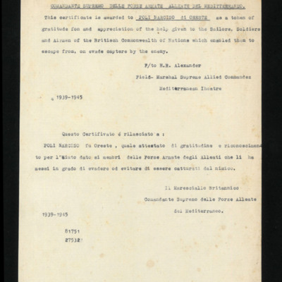 Copy of the statement of gratitude from H R Alexander to Narciso Poli